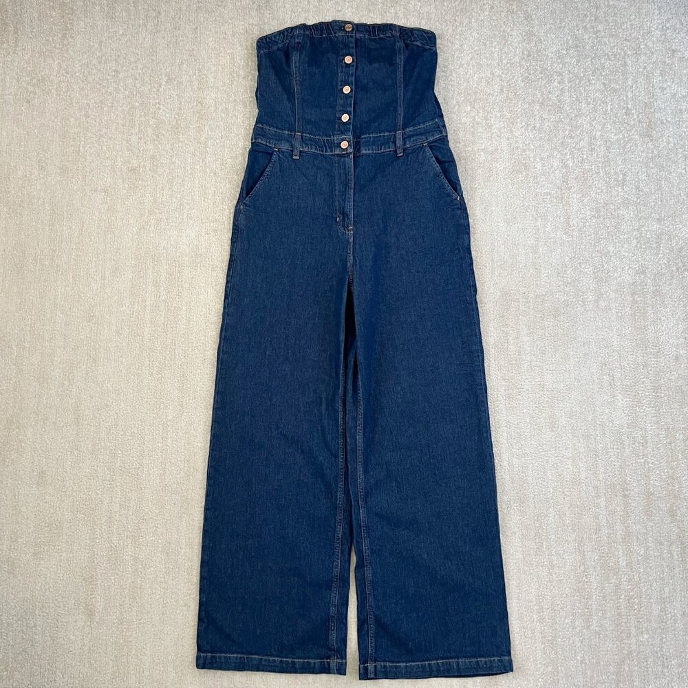 NWT Gap Wide Leg Blue Jeans Denim Jumpsuit 12 Dark Wash With Pockets